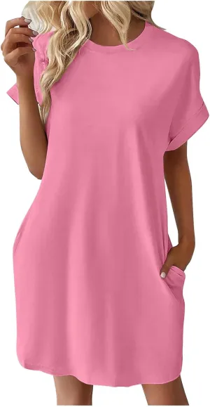 hlysgo Womens Summer Dresses 2025 Trendy Short Sleeve Crew Neck Mini Dress Casual Loose Fit Knee Length Dress with Pockets