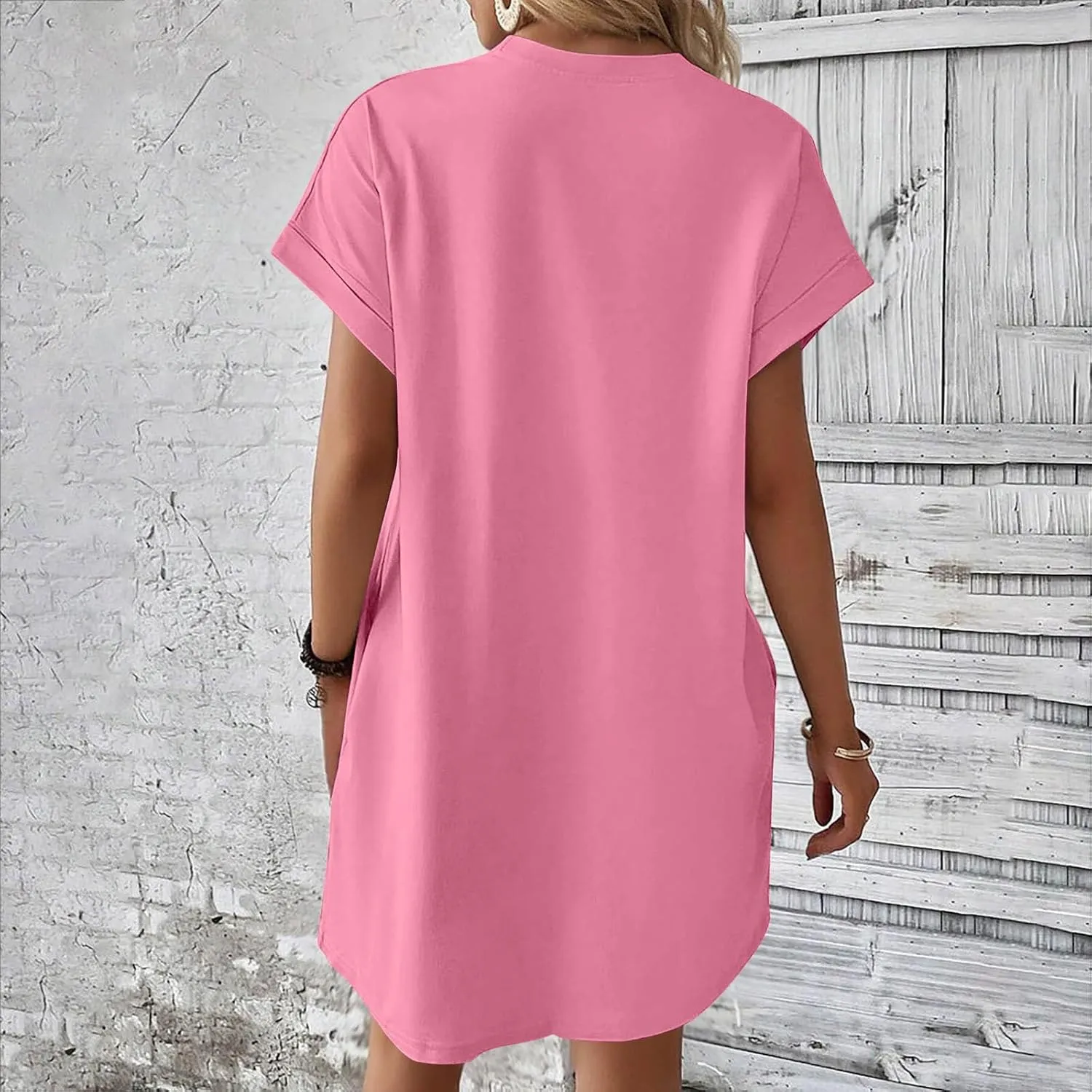 hlysgo Womens Summer Dresses 2025 Trendy Short Sleeve Crew Neck Mini Dress Casual Loose Fit Knee Length Dress with Pockets