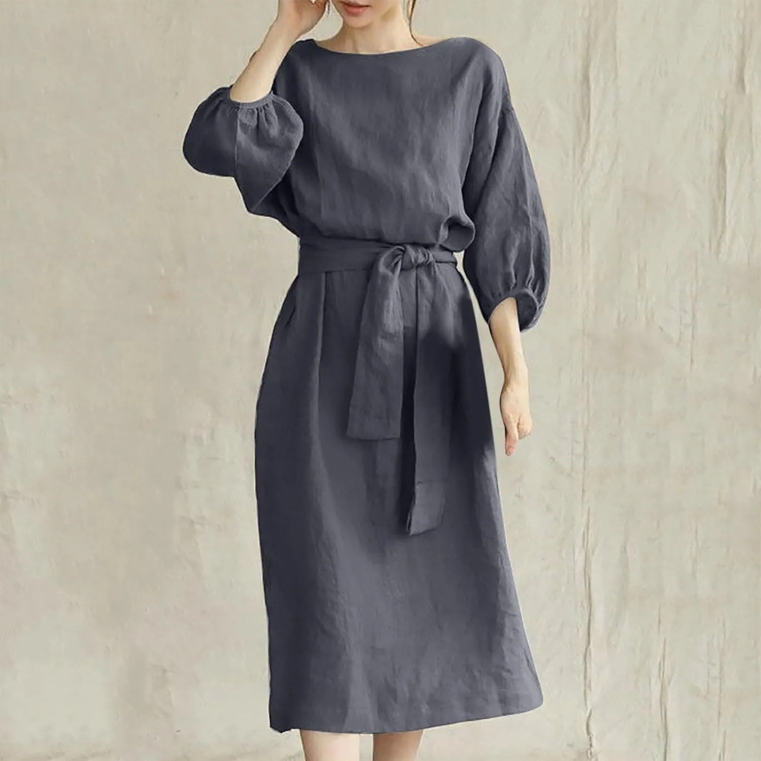 Holiday Dresses for Women 2025 Plus Size Half Sleeve Crew Neck Midi Dress Summer Tie-Belt Cotton Linen Casual Dress