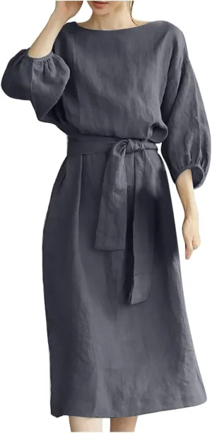 Holiday Dresses for Women 2025 Plus Size Half Sleeve Crew Neck Midi Dress Summer Tie-Belt Cotton Linen Casual Dress