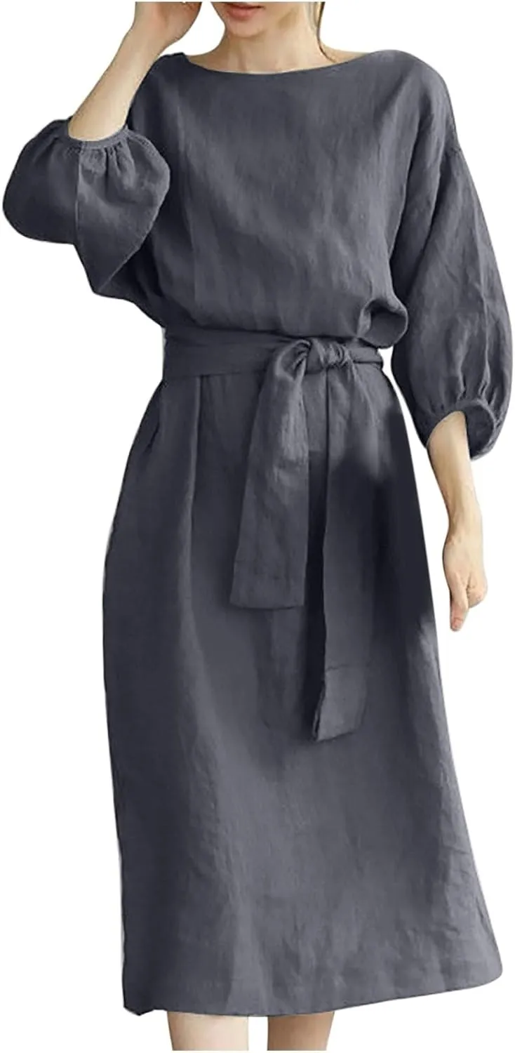 Holiday Dresses for Women 2025 Plus Size Half Sleeve Crew Neck Midi Dress Summer Tie-Belt Cotton Linen Casual Dress