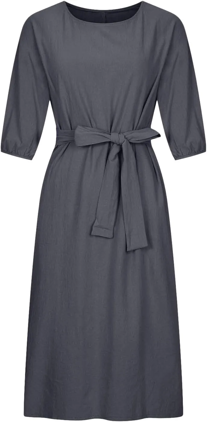 Holiday Dresses for Women 2025 Plus Size Half Sleeve Crew Neck Midi Dress Summer Tie-Belt Cotton Linen Casual Dress