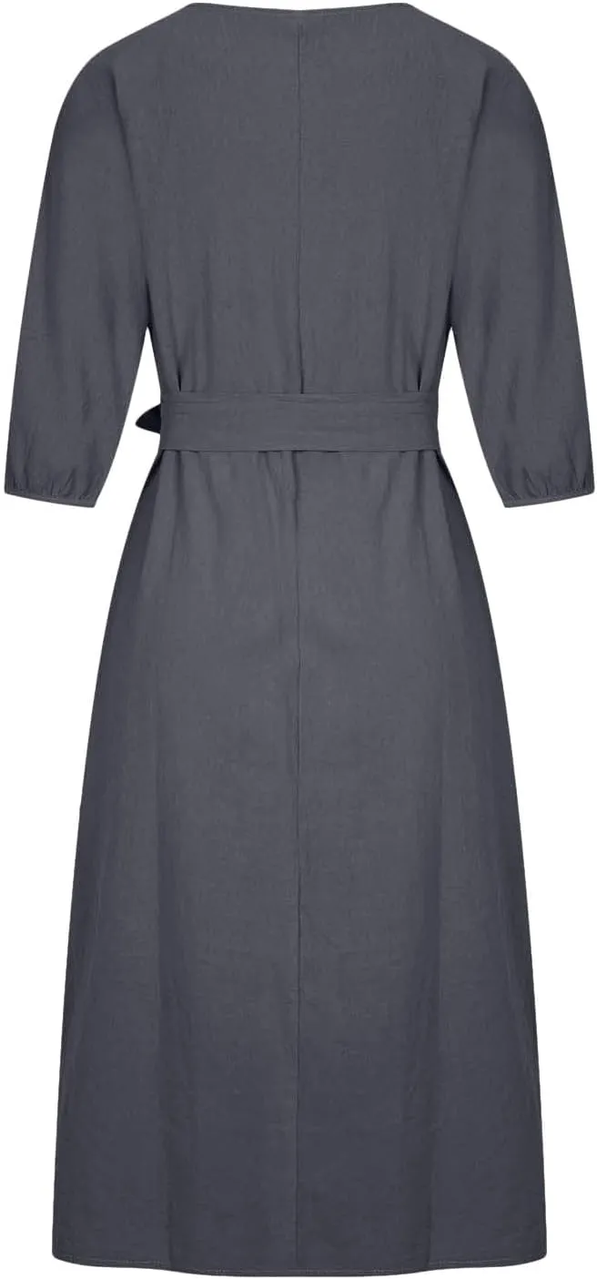 Holiday Dresses for Women 2025 Plus Size Half Sleeve Crew Neck Midi Dress Summer Tie-Belt Cotton Linen Casual Dress