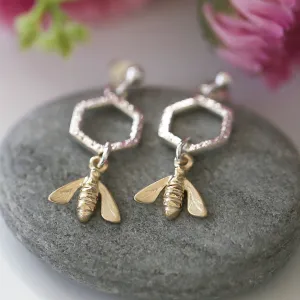Honeycomb & Bee Petite Drop Earrings in Silver & 9ct Yellow Gold