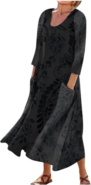 HXHYQKP 3/4 Length Sleeve Plus Size Dresses for Curvy Fall Dresses for Women 2025 Cotton Linen Dress Pocket Dress