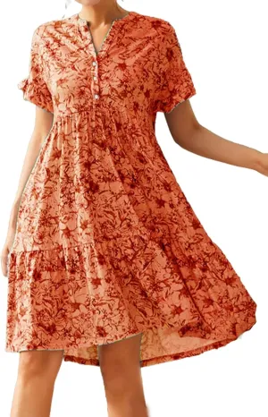 IVERIRMIN Women's Floral Print V Neck Button Short Dress Flowy Ruffle Short Sleeve A Line High Waist Beach Mini Dress