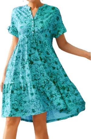 IVERIRMIN Women's Floral Print V Neck Button Short Dress Flowy Ruffle Short Sleeve A Line High Waist Beach Mini Dress