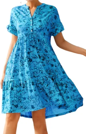 IVERIRMIN Women's Floral Print V Neck Button Short Dress Flowy Ruffle Short Sleeve A Line High Waist Beach Mini Dress