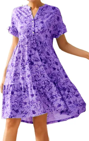 IVERIRMIN Women's Floral Print V Neck Button Short Dress Flowy Ruffle Short Sleeve A Line High Waist Beach Mini Dress