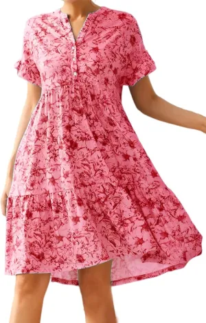 IVERIRMIN Women's Floral Print V Neck Button Short Dress Flowy Ruffle Short Sleeve A Line High Waist Beach Mini Dress