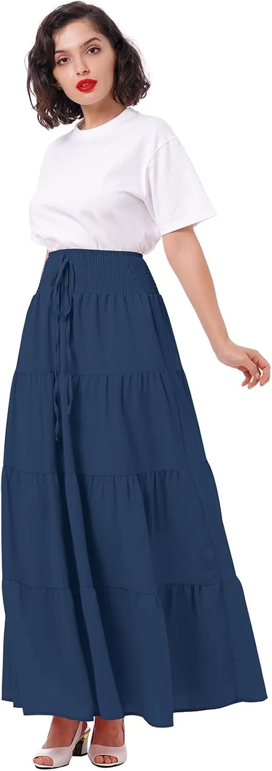 IWEMEK Women Boho Elastic Waist A Line Ruffle Beach Convertible Maxi Skirt Dress Tired Pleated Drawstring Chiffon Long Skirts