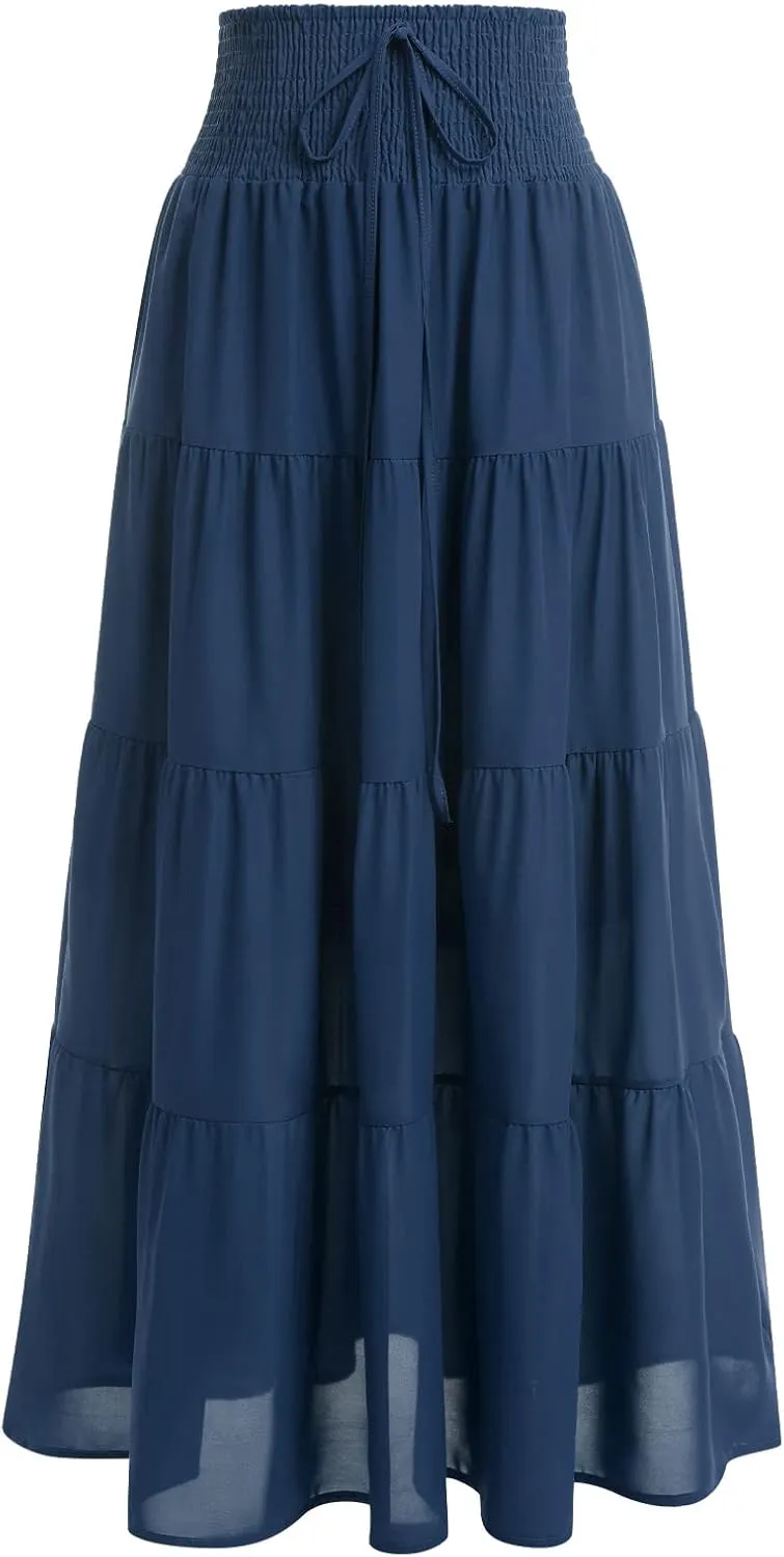 IWEMEK Women Boho Elastic Waist A Line Ruffle Beach Convertible Maxi Skirt Dress Tired Pleated Drawstring Chiffon Long Skirts