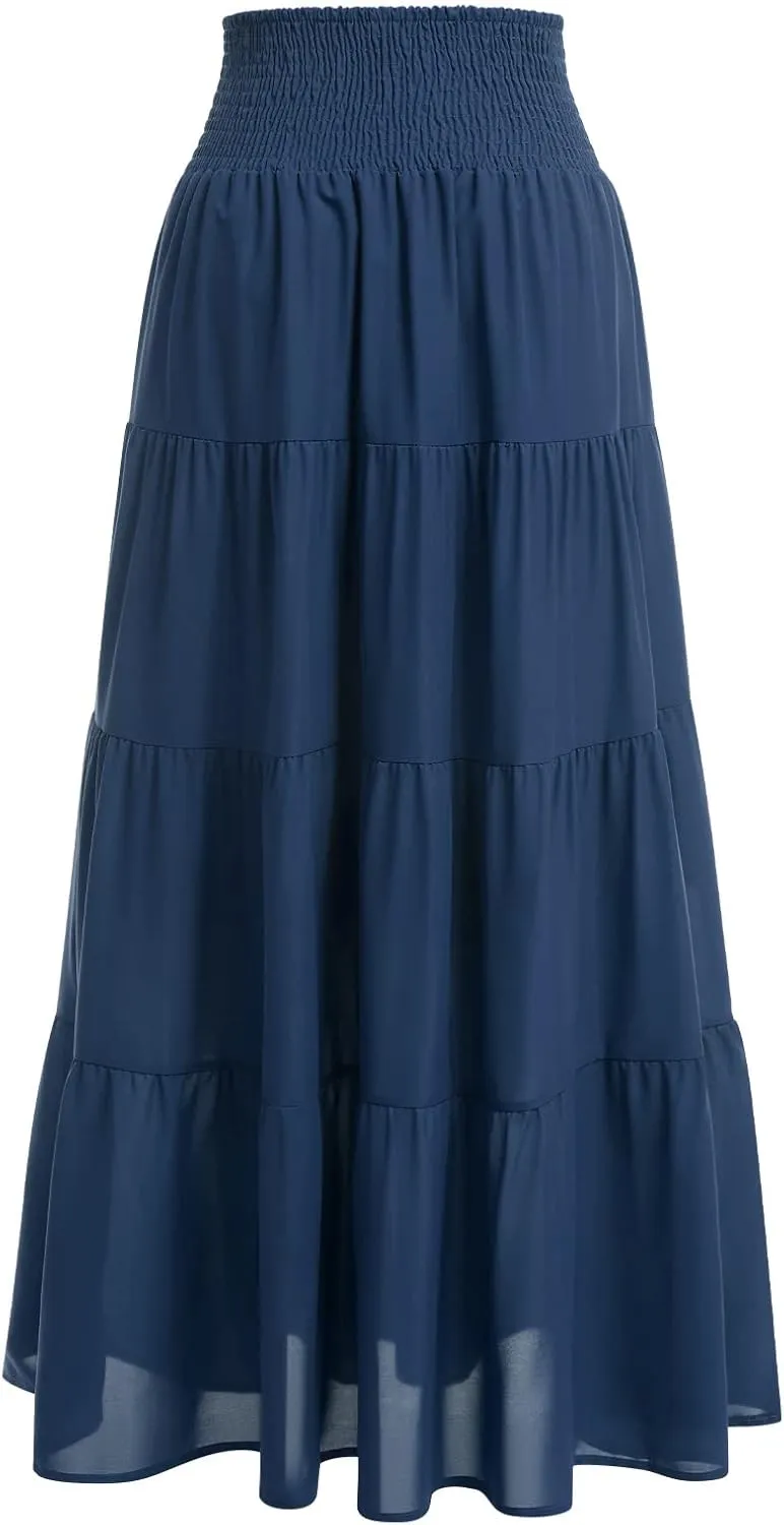 IWEMEK Women Boho Elastic Waist A Line Ruffle Beach Convertible Maxi Skirt Dress Tired Pleated Drawstring Chiffon Long Skirts