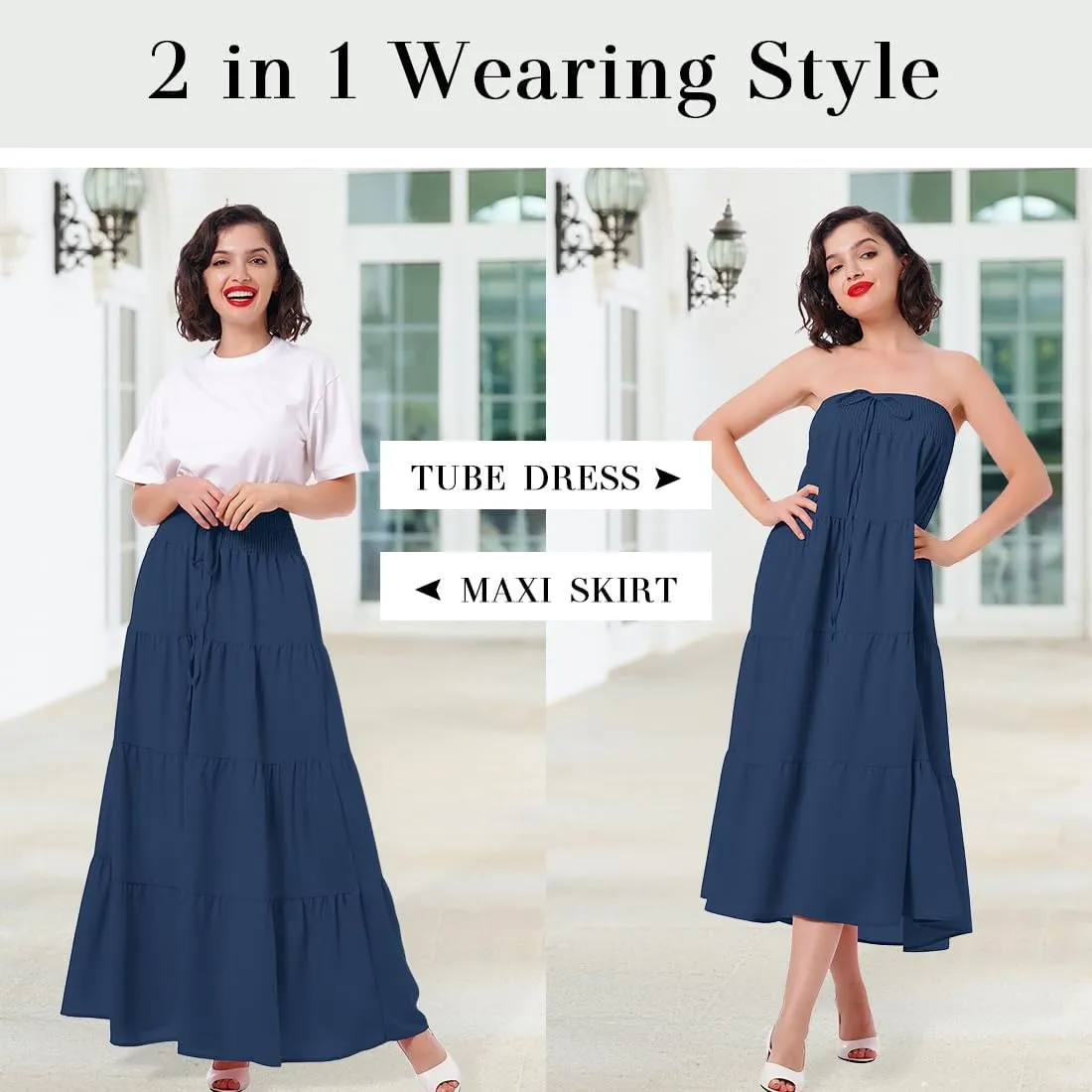 IWEMEK Women Boho Elastic Waist A Line Ruffle Beach Convertible Maxi Skirt Dress Tired Pleated Drawstring Chiffon Long Skirts
