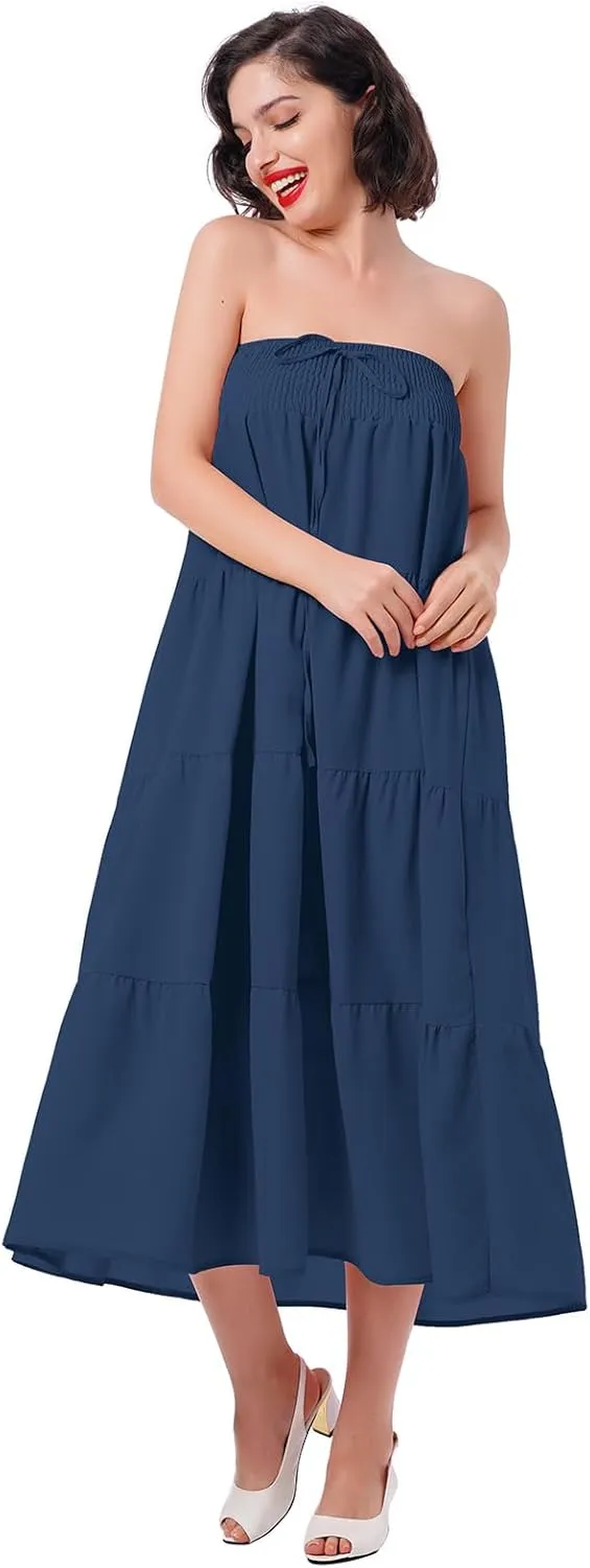 IWEMEK Women Boho Elastic Waist A Line Ruffle Beach Convertible Maxi Skirt Dress Tired Pleated Drawstring Chiffon Long Skirts