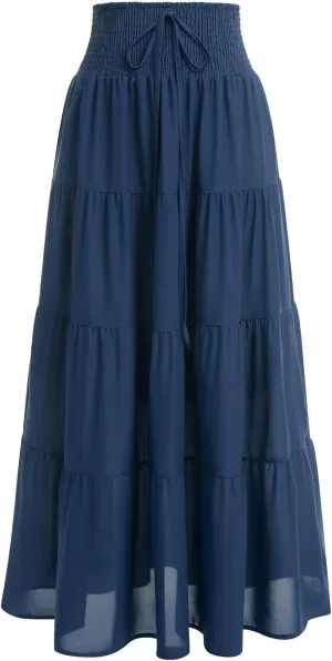 IWEMEK Women Boho Elastic Waist A Line Ruffle Beach Convertible Maxi Skirt Dress Tired Pleated Drawstring Chiffon Long Skirts