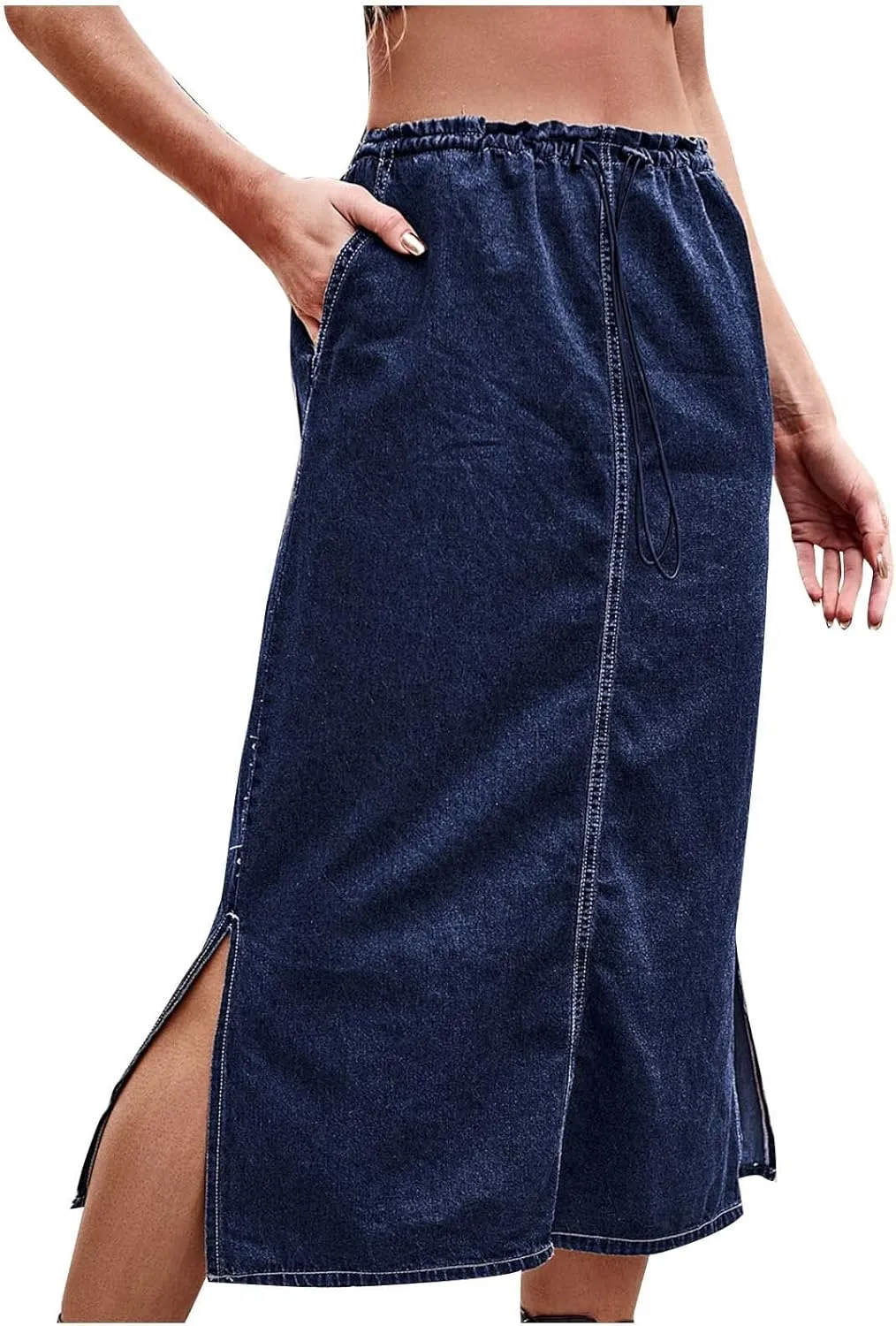 Jean Skirt for Women 2024 Fashion Stretchy A-Line Loose Long Skirt Teen Girls Cute High Waisted Jean Skirt with Pocket