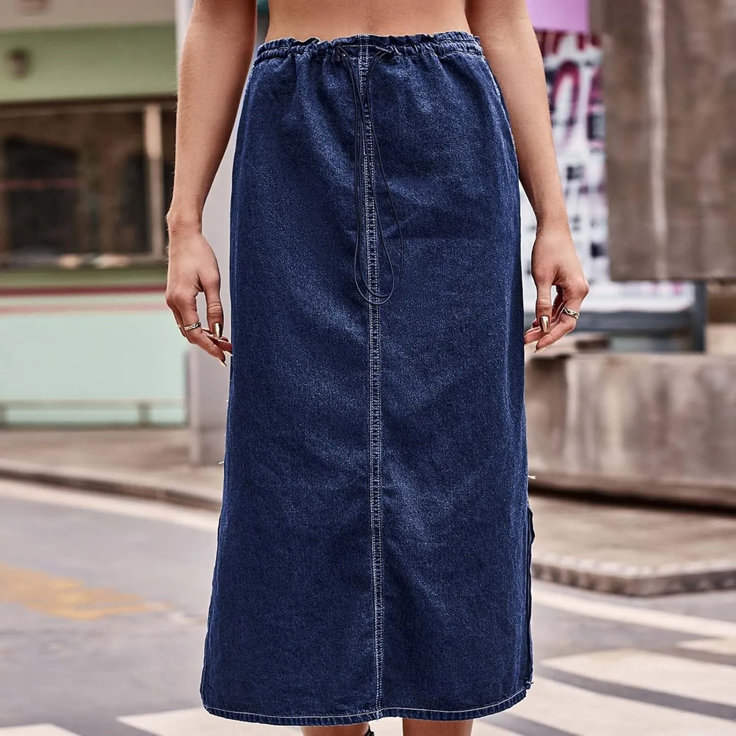 Jean Skirt for Women 2024 Fashion Stretchy A-Line Loose Long Skirt Teen Girls Cute High Waisted Jean Skirt with Pocket