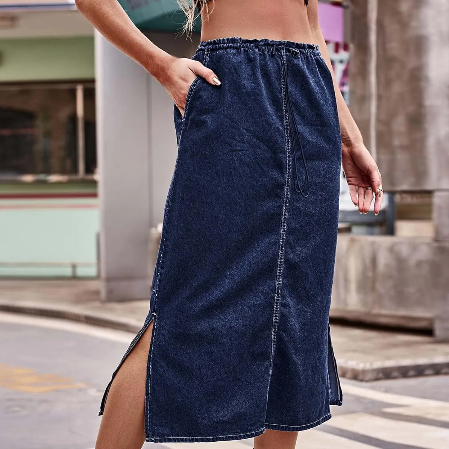 Jean Skirt for Women 2024 Fashion Stretchy A-Line Loose Long Skirt Teen Girls Cute High Waisted Jean Skirt with Pocket