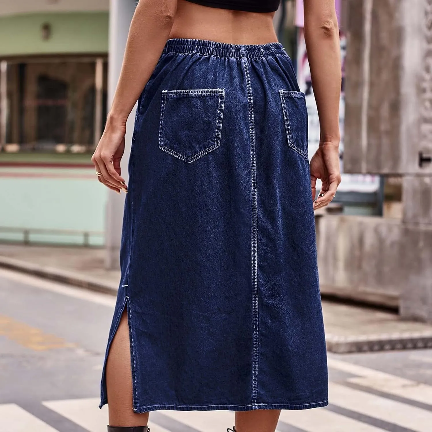 Jean Skirt for Women 2024 Fashion Stretchy A-Line Loose Long Skirt Teen Girls Cute High Waisted Jean Skirt with Pocket