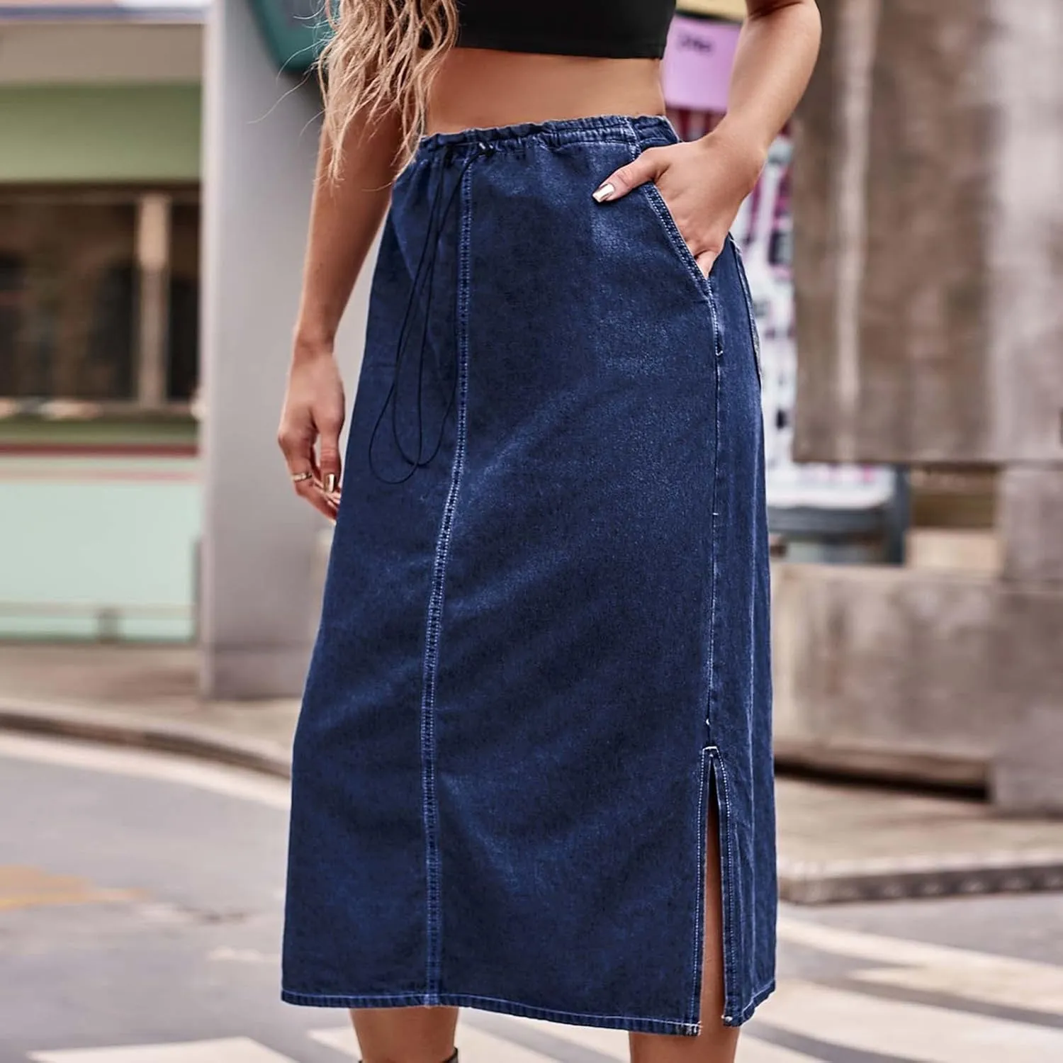 Jean Skirt for Women 2024 Fashion Stretchy A-Line Loose Long Skirt Teen Girls Cute High Waisted Jean Skirt with Pocket