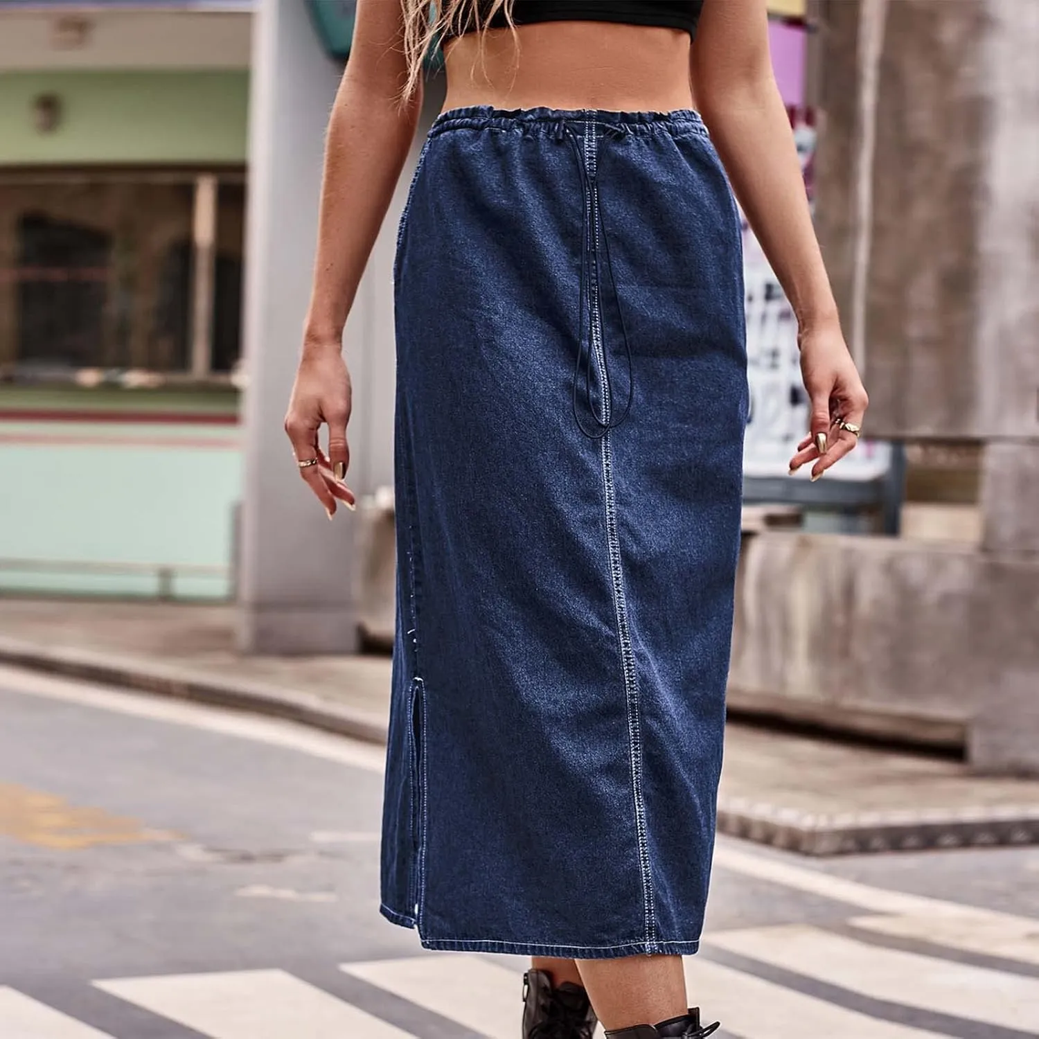 Jean Skirt for Women 2024 Fashion Stretchy A-Line Loose Long Skirt Teen Girls Cute High Waisted Jean Skirt with Pocket