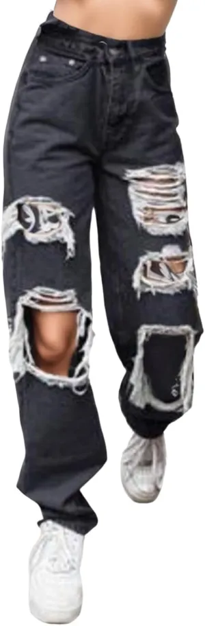 Jeans for Women 2023 Elastic Waist Trousers Button Jeans Hole High Pants Pocket Loose Women Pants
