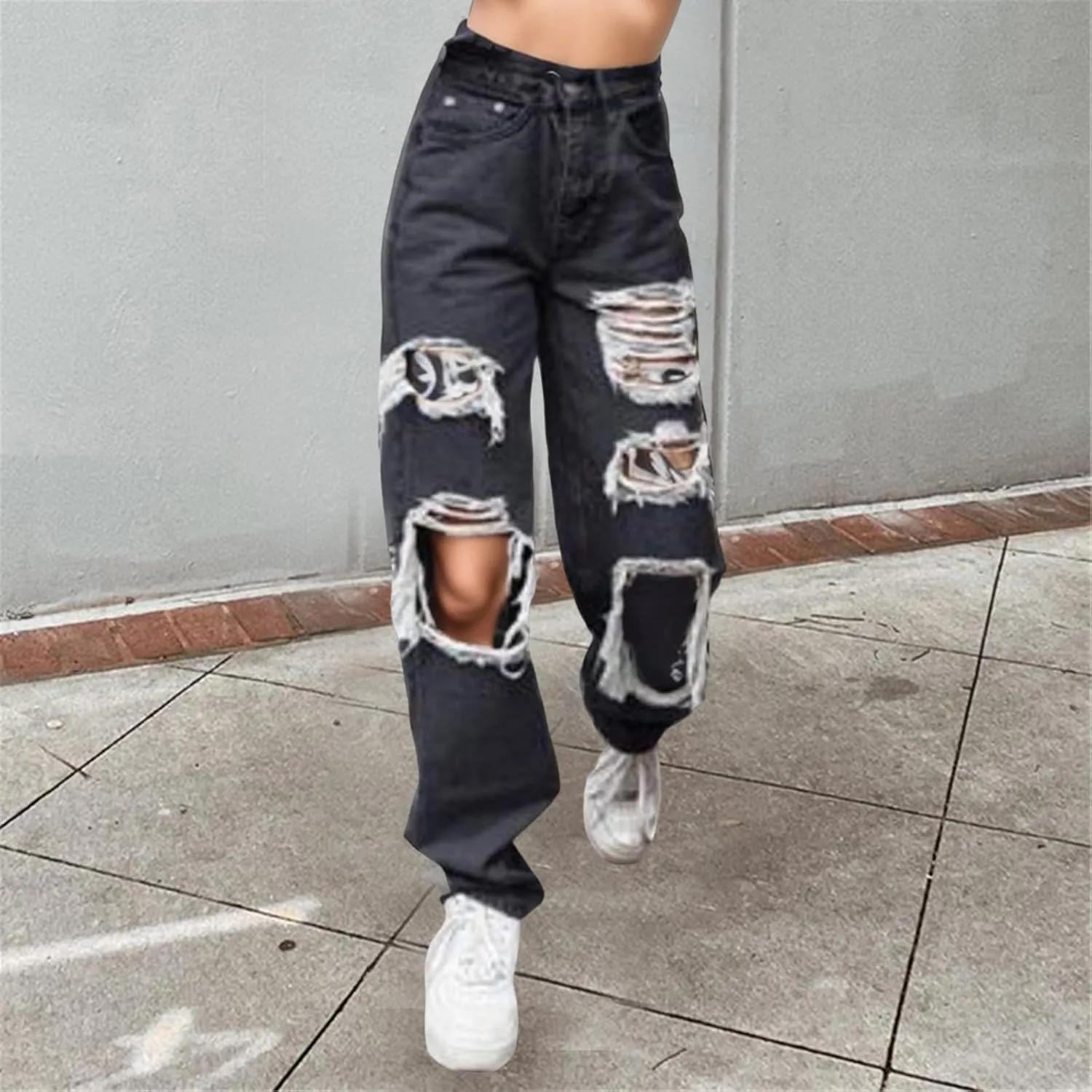 Jeans for Women 2023 Elastic Waist Trousers Button Jeans Hole High Pants Pocket Loose Women Pants