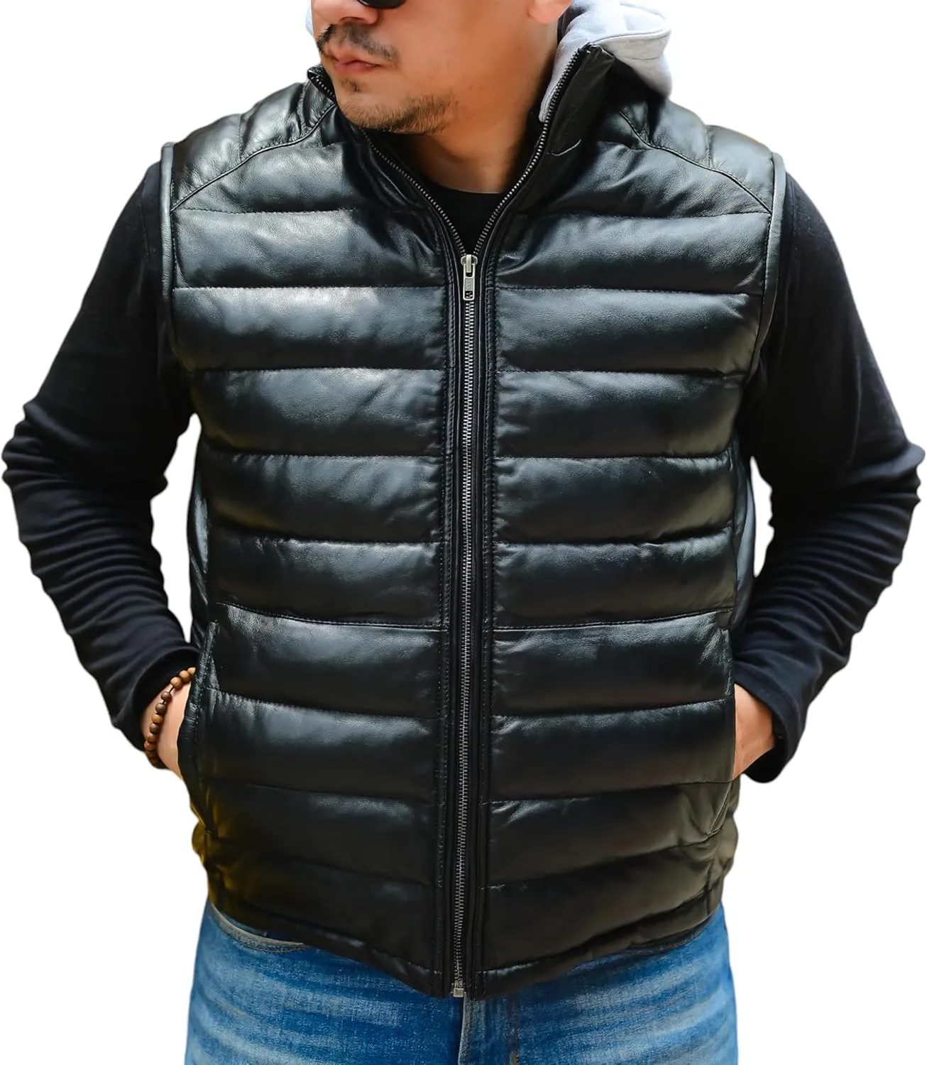 Jild Lambskin Leather Puffer Vest with Removable Hood - Stand Collar Casual Style Sleeveless Leather Jacket Men