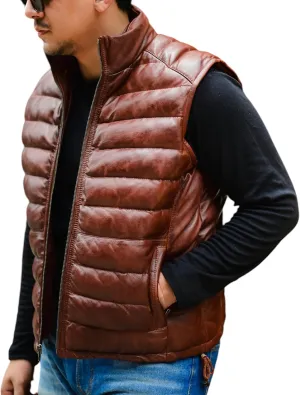 Jild Lambskin Leather Puffer Vest with Removable Hood - Stand Collar Casual Style Sleeveless Leather Jacket Men