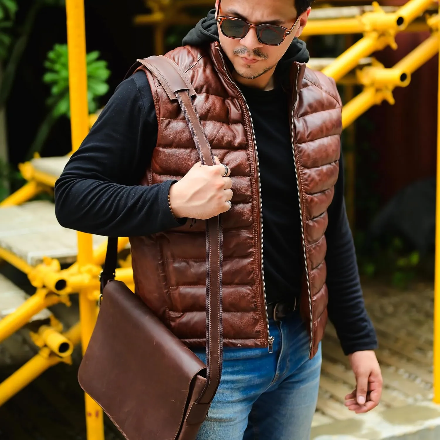 Jild Lambskin Leather Puffer Vest with Removable Hood - Stand Collar Casual Style Sleeveless Leather Jacket Men