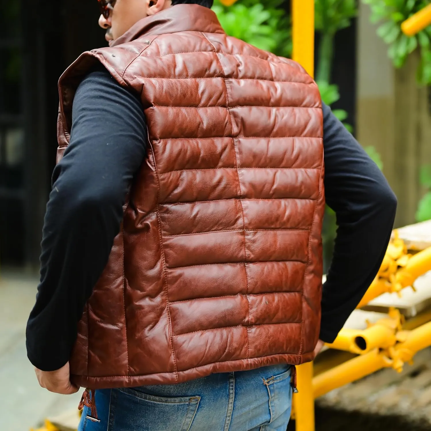 Jild Lambskin Leather Puffer Vest with Removable Hood - Stand Collar Casual Style Sleeveless Leather Jacket Men