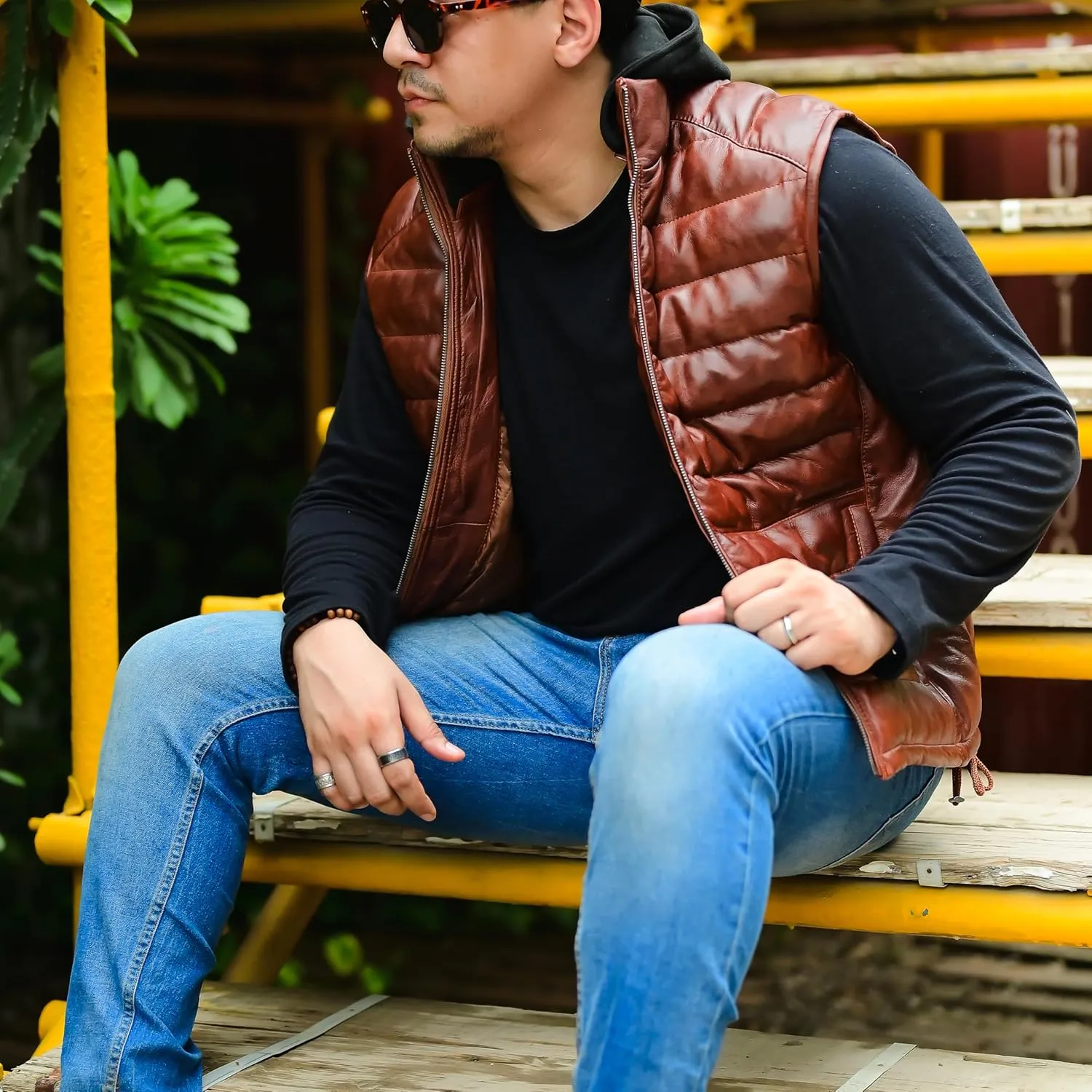 Jild Lambskin Leather Puffer Vest with Removable Hood - Stand Collar Casual Style Sleeveless Leather Jacket Men