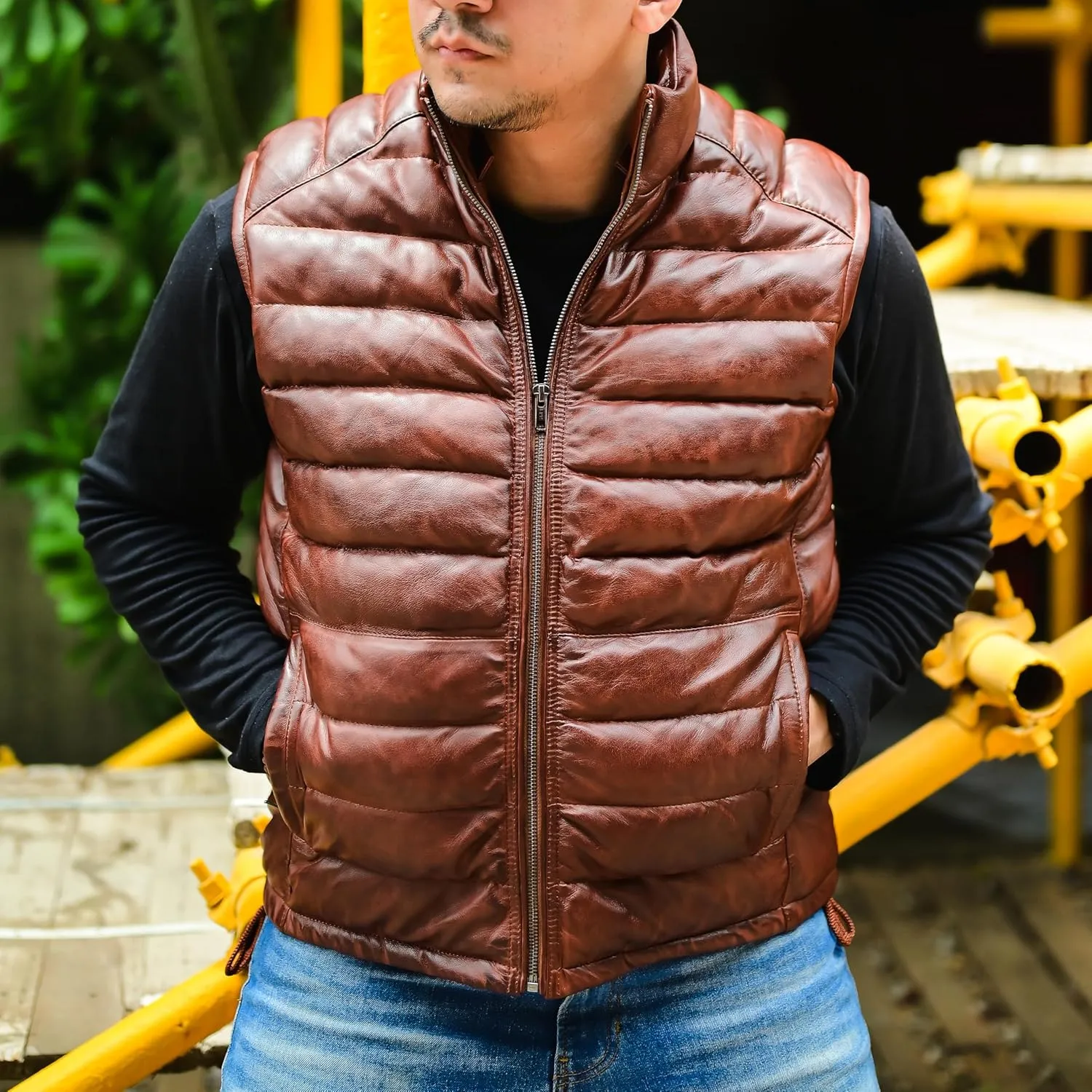 Jild Lambskin Leather Puffer Vest with Removable Hood - Stand Collar Casual Style Sleeveless Leather Jacket Men