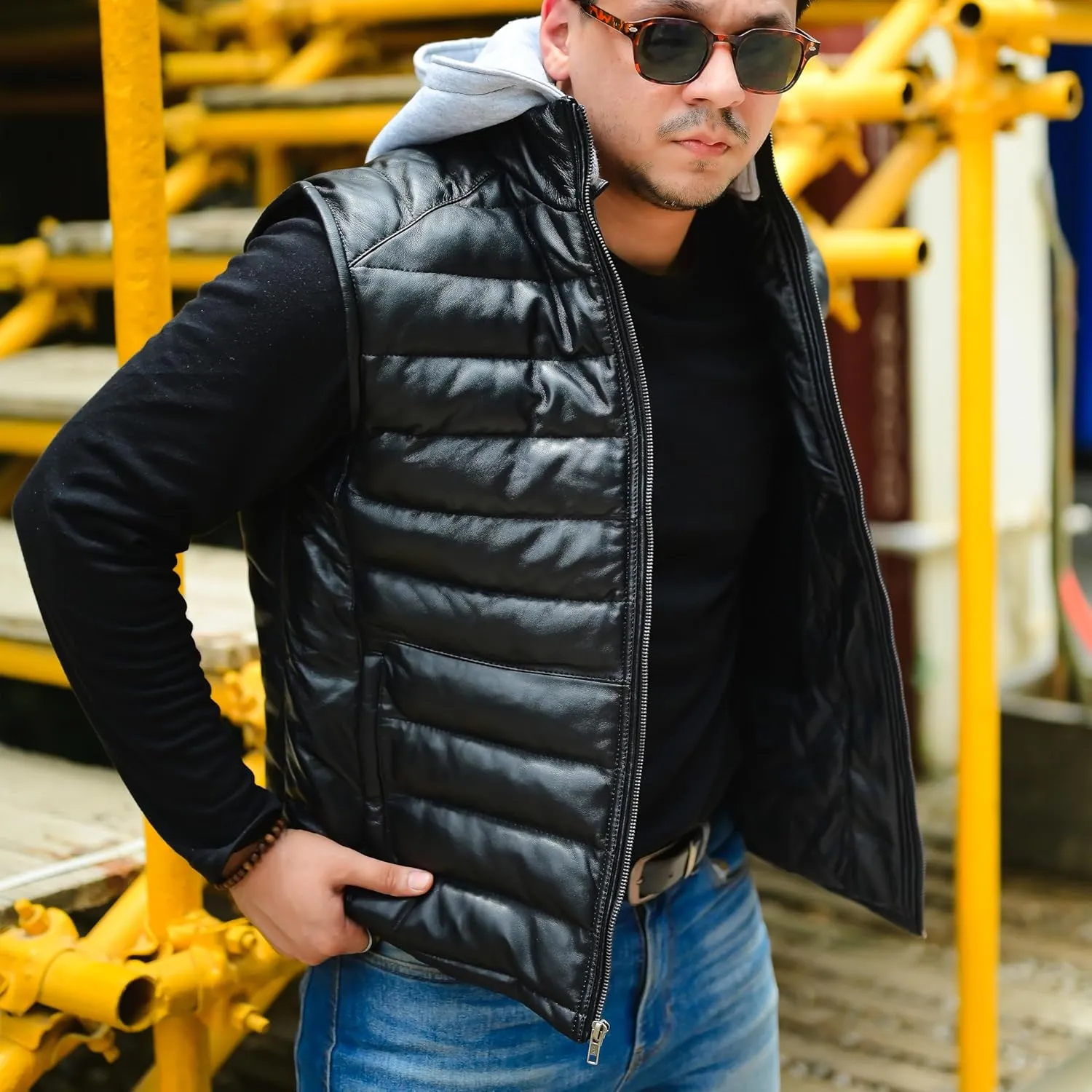 Jild Lambskin Leather Puffer Vest with Removable Hood - Stand Collar Casual Style Sleeveless Leather Jacket Men