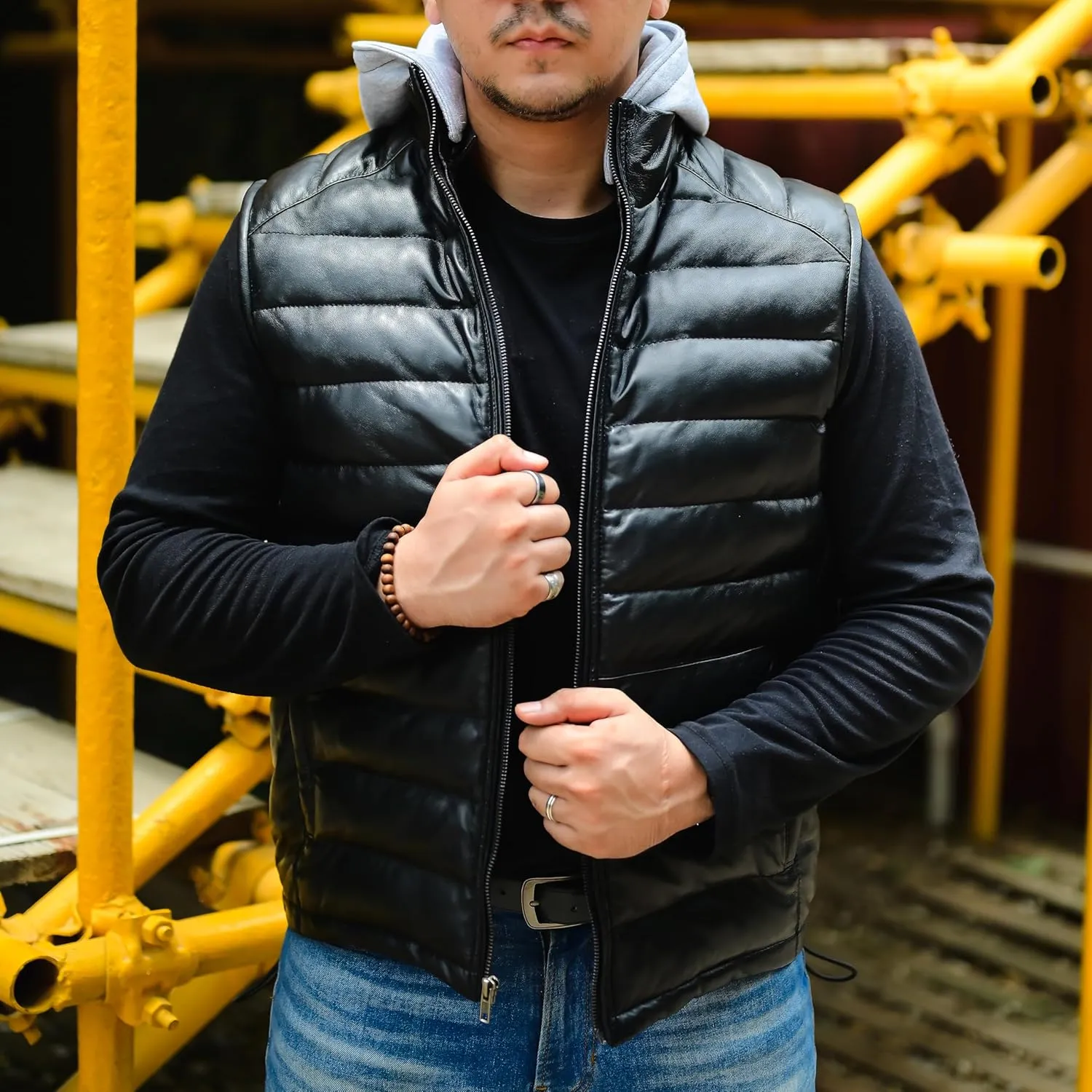 Jild Lambskin Leather Puffer Vest with Removable Hood - Stand Collar Casual Style Sleeveless Leather Jacket Men
