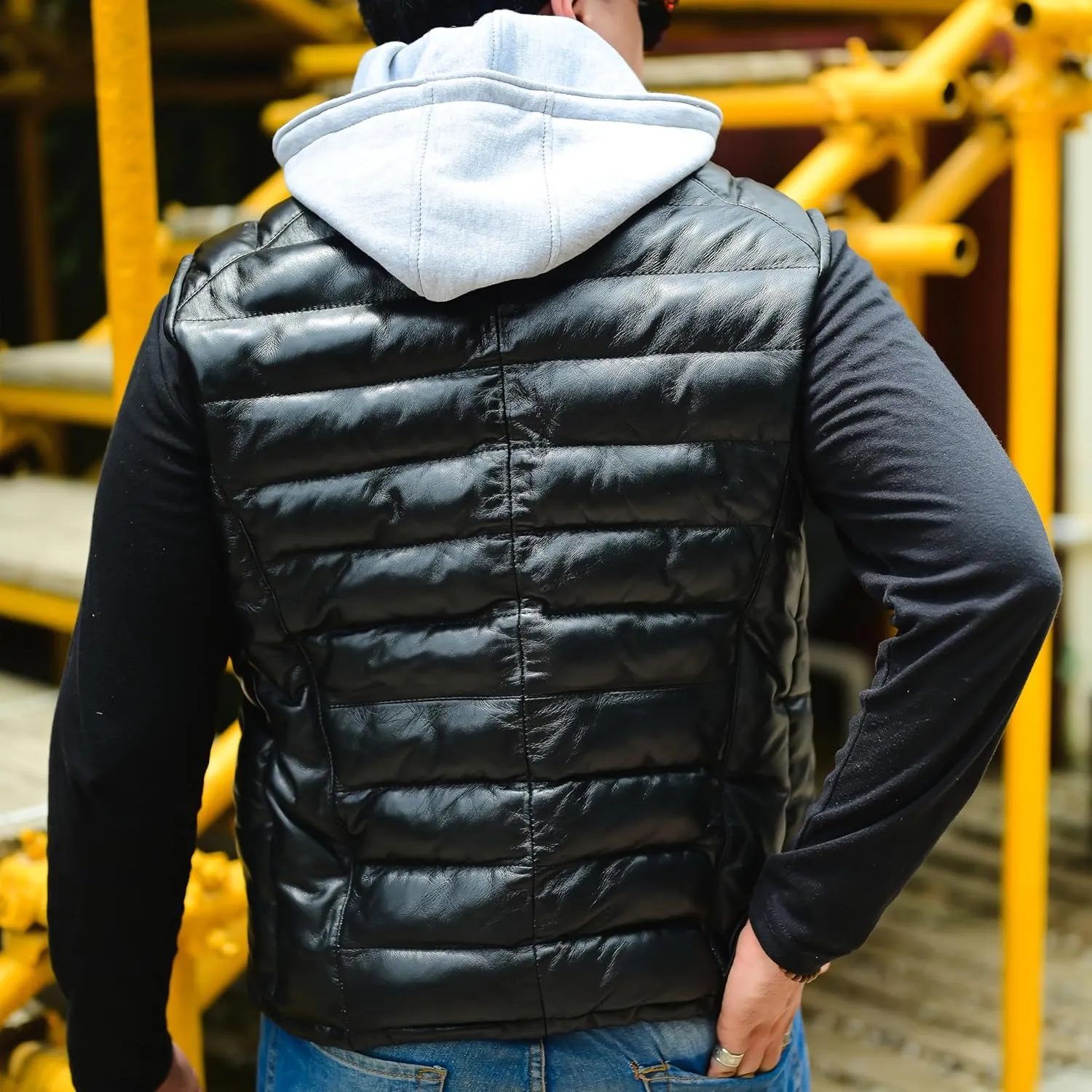 Jild Lambskin Leather Puffer Vest with Removable Hood - Stand Collar Casual Style Sleeveless Leather Jacket Men