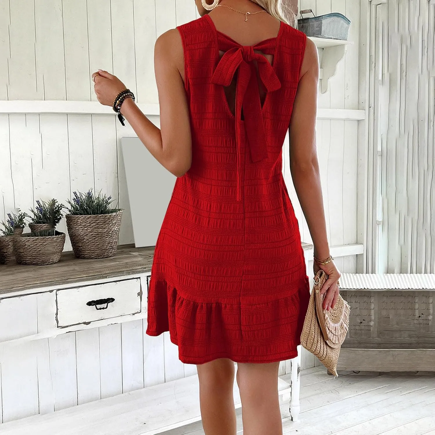 JOAU Women Summer Casual Sundress Sleeveless Bow Tie Backless Tank Dress Flowy Tiered Ruffle Swing Mini Beach Vacation Dress
