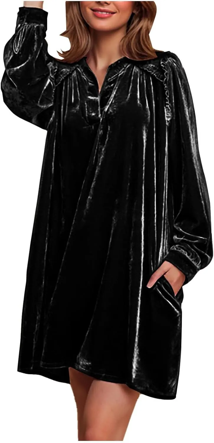 JOAU Women's Elegant Velvet Puff Long Sleeve Dress Casual V Neck Babydoll Flowy Ruffle Cute Cocktail Party Mini Dresses