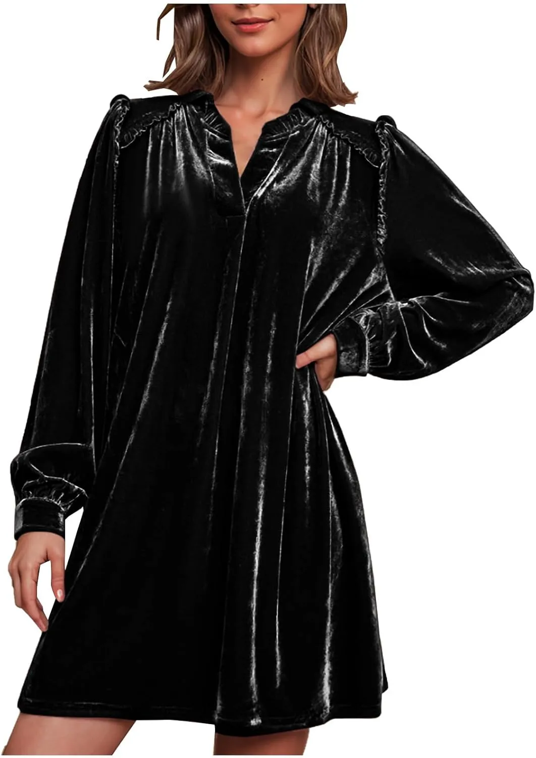 JOAU Women's Elegant Velvet Puff Long Sleeve Dress Casual V Neck Babydoll Flowy Ruffle Cute Cocktail Party Mini Dresses