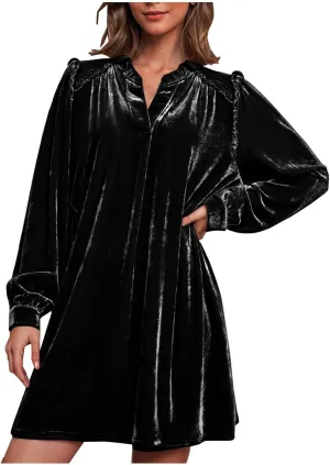 JOAU Women's Elegant Velvet Puff Long Sleeve Dress Casual V Neck Babydoll Flowy Ruffle Cute Cocktail Party Mini Dresses