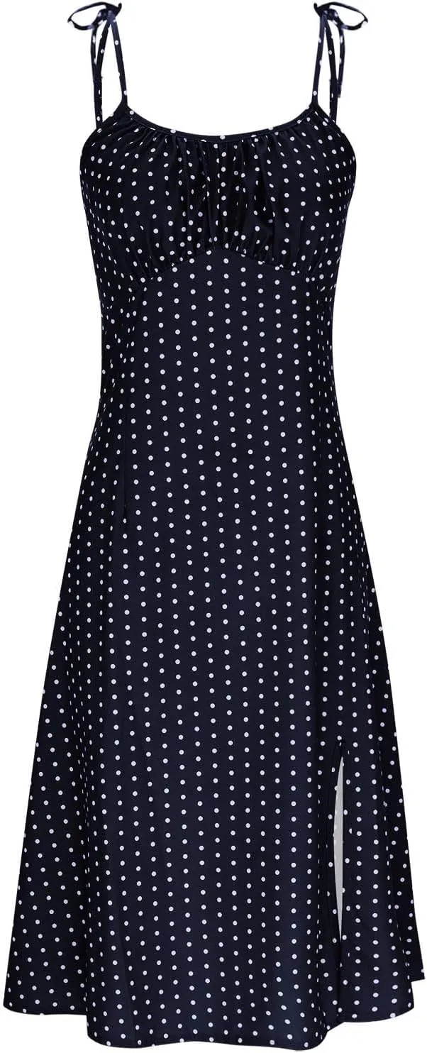 JOAU Women's Polka Dot Sundresses Spaghetti Strap Summer Slim Fit Side Slit Midi Dress Sexy A Line Beach Vacation Dresses