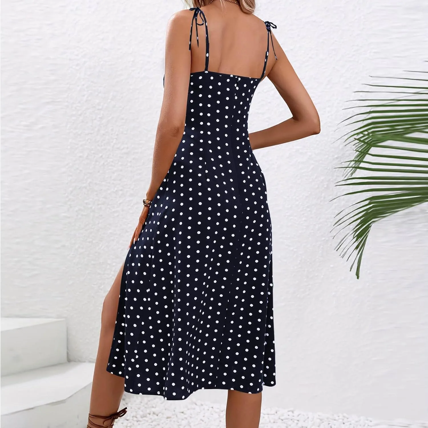 JOAU Women's Polka Dot Sundresses Spaghetti Strap Summer Slim Fit Side Slit Midi Dress Sexy A Line Beach Vacation Dresses