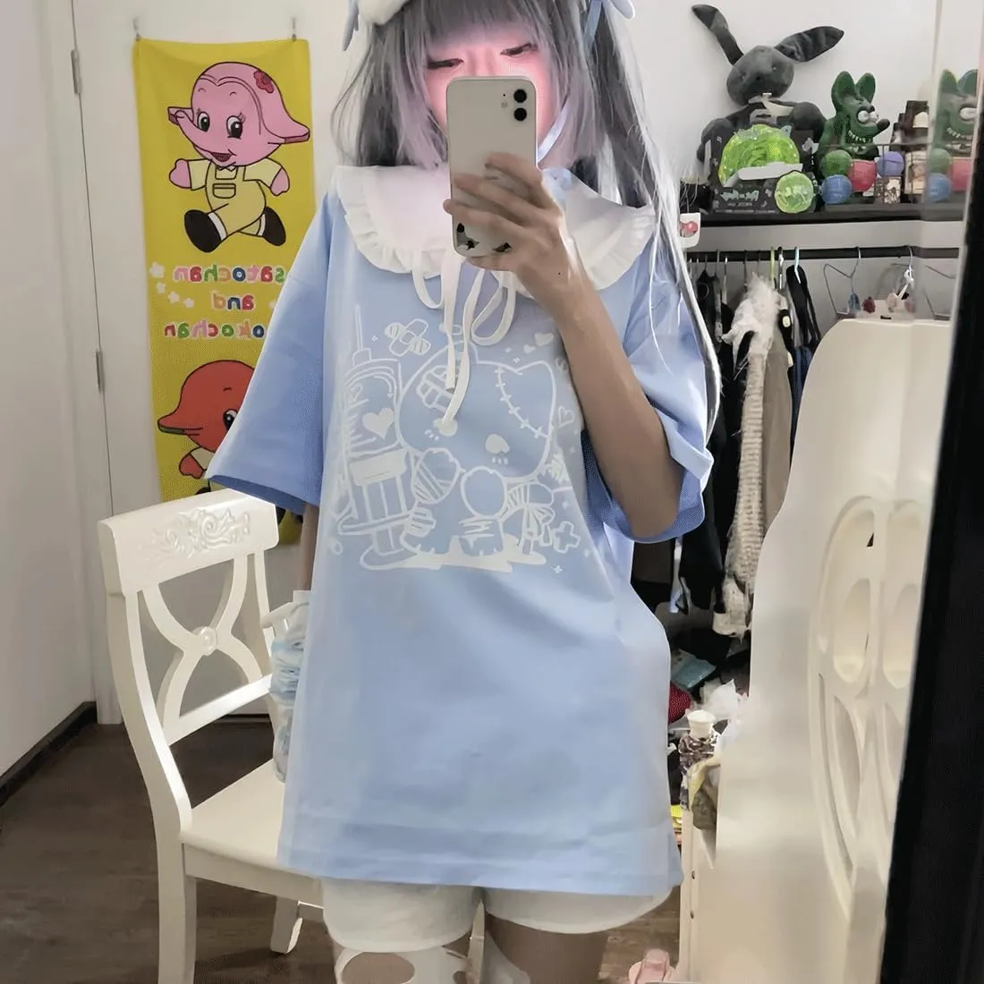 Kawaii Harajuku Fashion Y2K Goth Casual Style Soft Short Sleeve Crewneck Cartoon Print Injured Cat T-Shirt