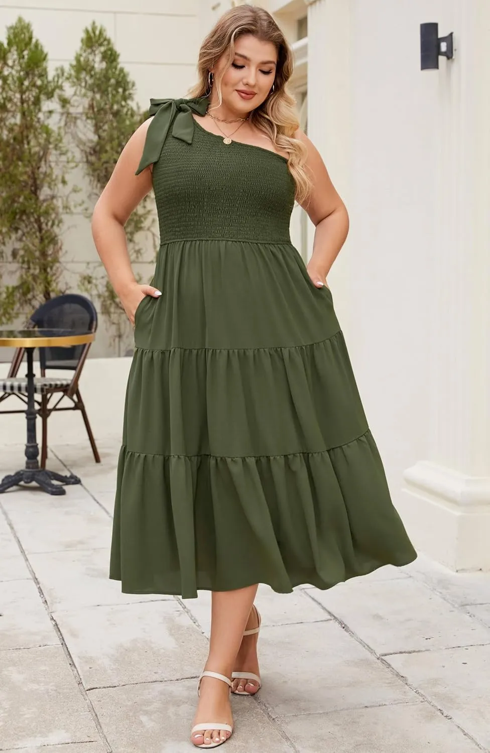 KIMCURVY Women Plus Size Summer Dress Boho Spring Floral Print Wedding Guest Smocked Long Dress with Pockets
