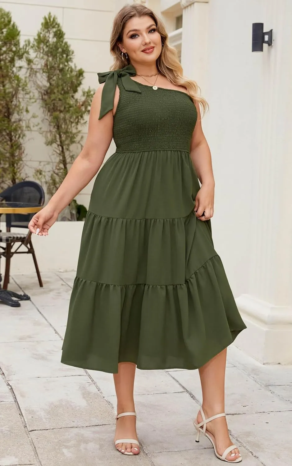 KIMCURVY Women Plus Size Summer Dress Boho Spring Floral Print Wedding Guest Smocked Long Dress with Pockets