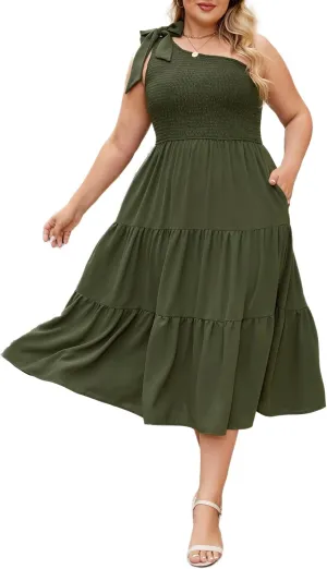 KIMCURVY Women Plus Size Summer Dress Boho Spring Floral Print Wedding Guest Smocked Long Dress with Pockets