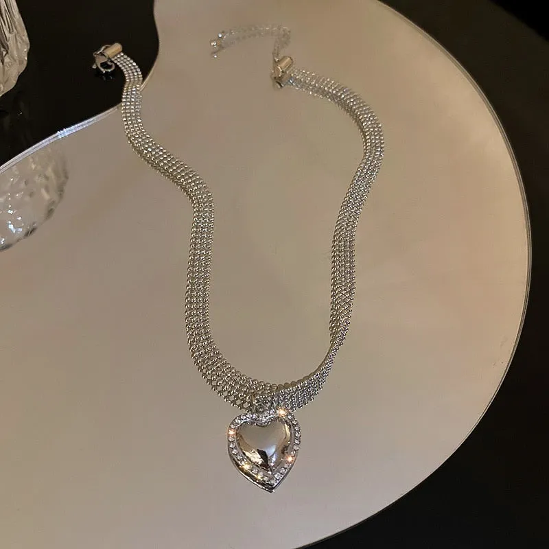 Korean Style Geometric Chokers Necklaces for Women Silver Color Heart Pendant Necklaces