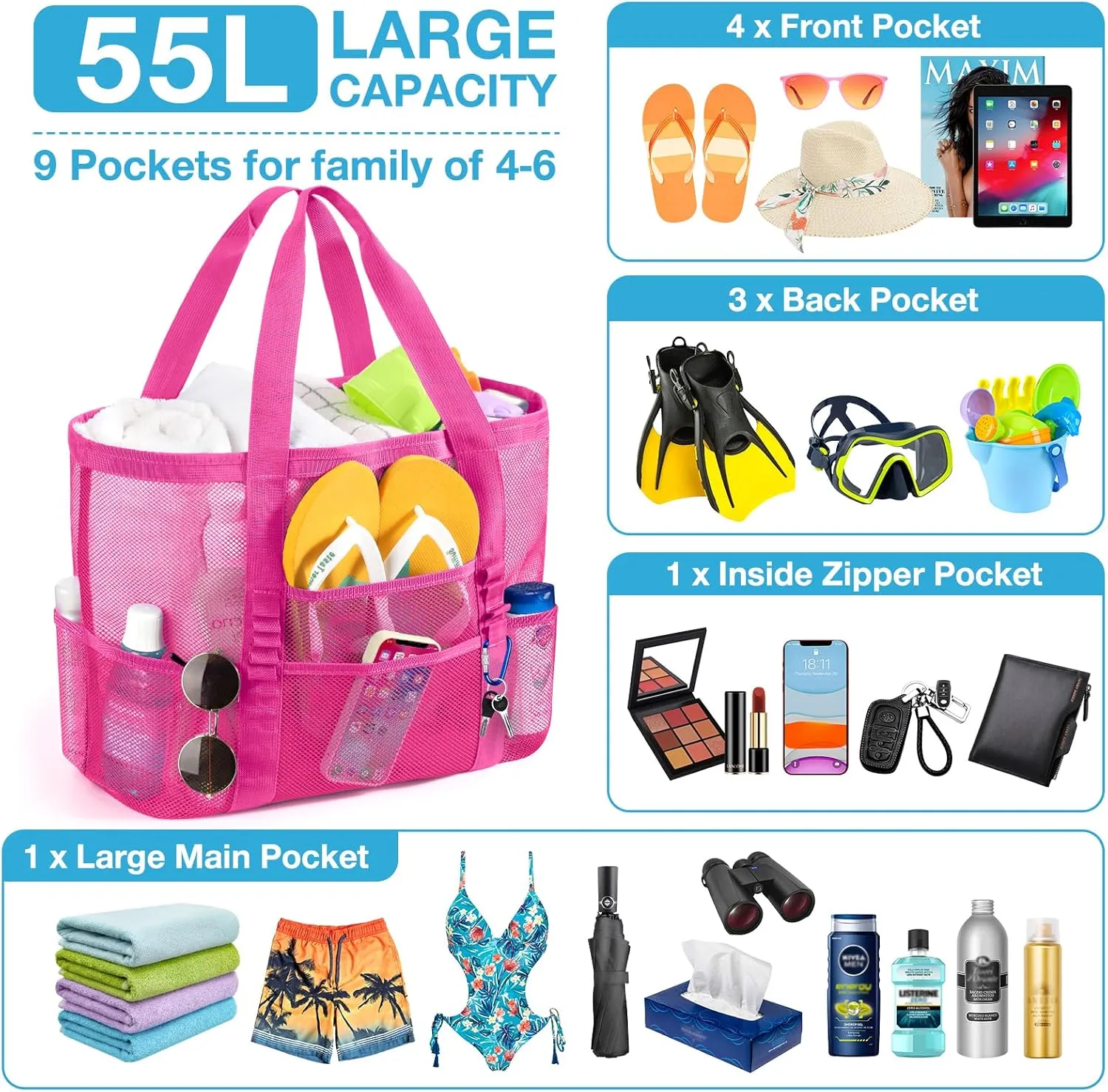 KPX Mesh Beach Bag, Large Beach Tote Bags for Women Foldable Mesh Swimming Pool Bag with Mini Pockets - Sandproof, Waterproof