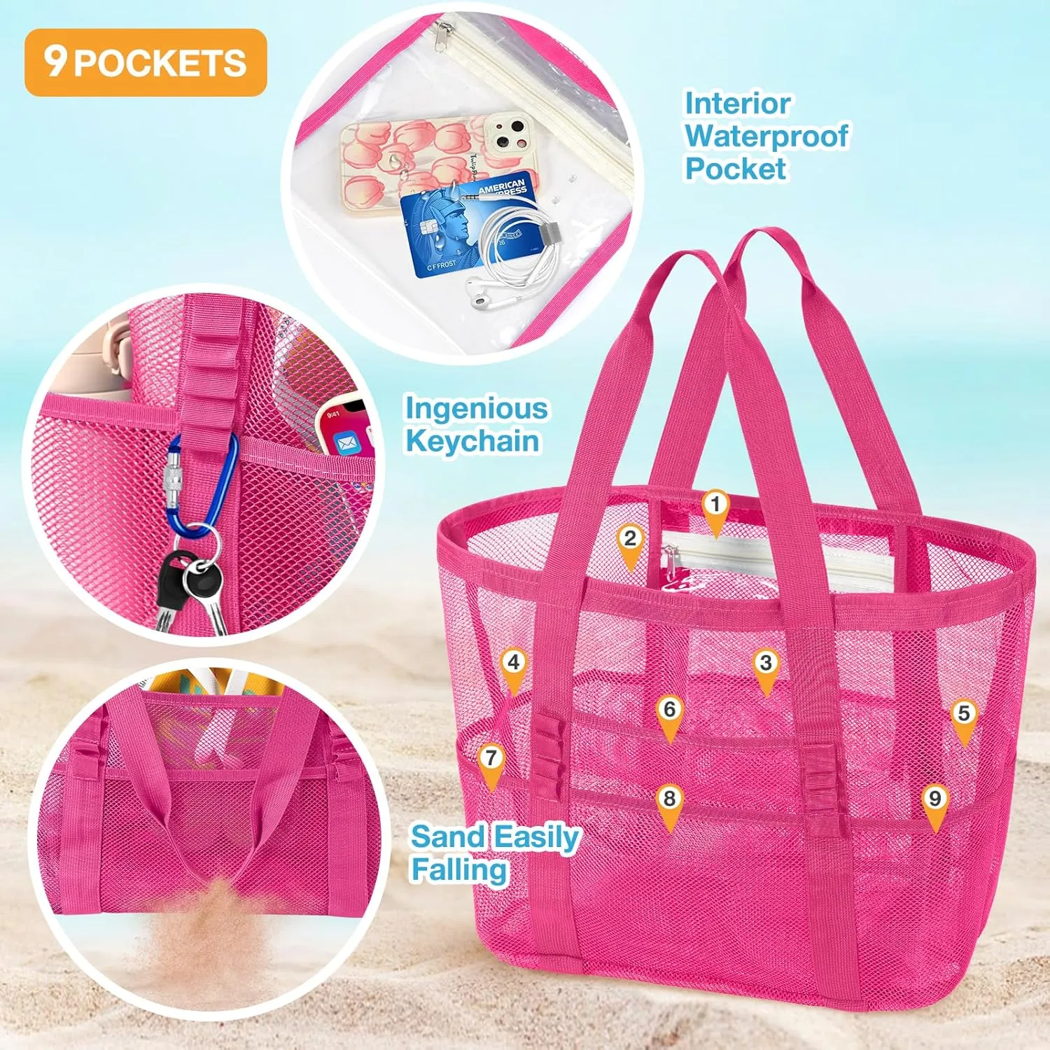 KPX Mesh Beach Bag, Large Beach Tote Bags for Women Foldable Mesh Swimming Pool Bag with Mini Pockets - Sandproof, Waterproof
